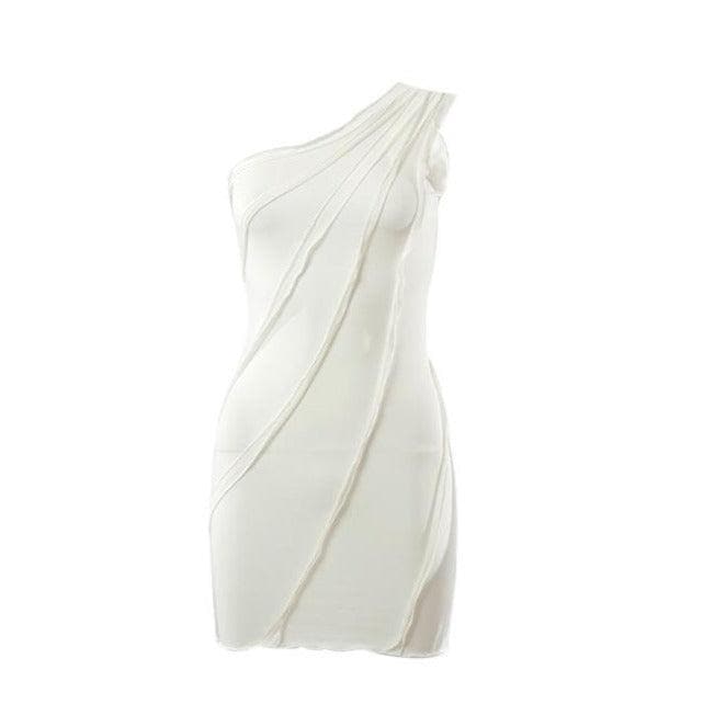 One-Shoulder Mesh Exposed Seam Panel Bodycon Mini Dress