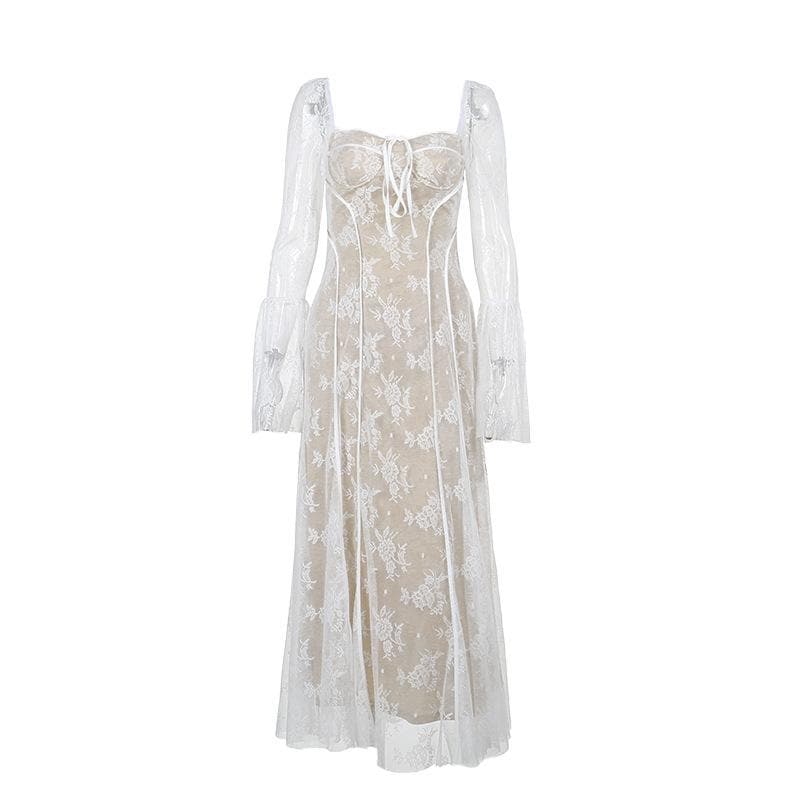 Square Neck Corset Lace Long Sleeve Bell Cuff Paneled Maxi Dress 2