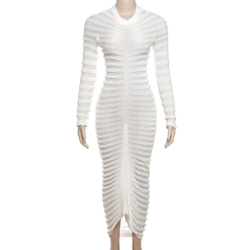 Mock Neck Long Sleeve Horizontal Ruched Rib Knit Bodycon Midi Dress 2