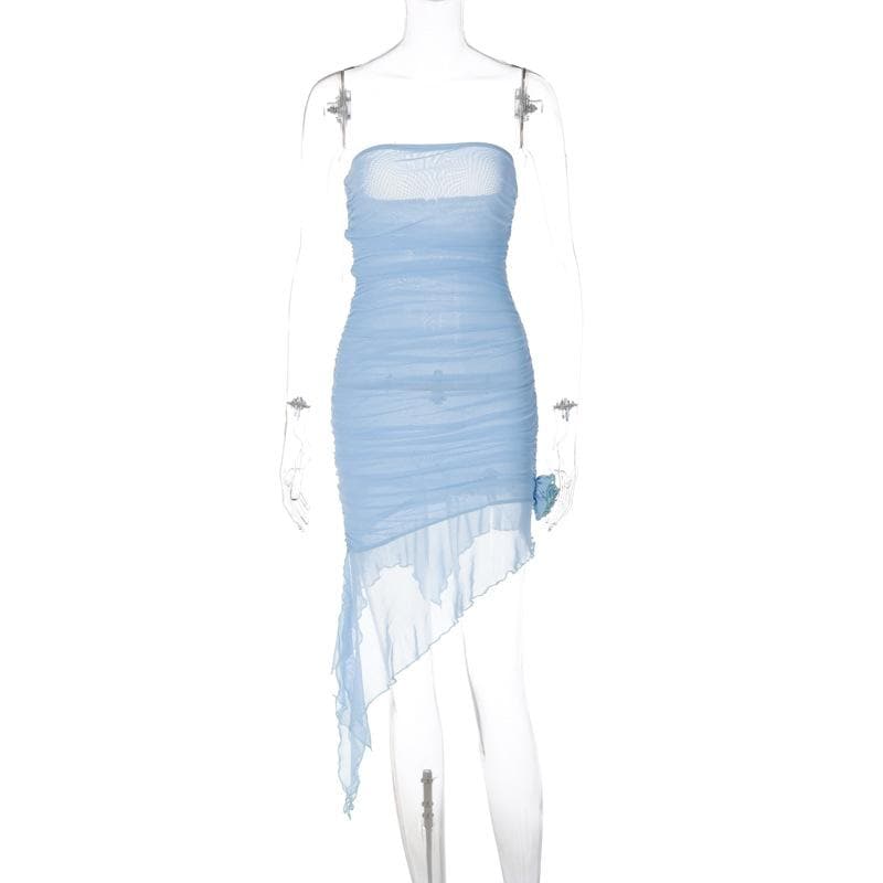Strapless Ruched Mesh Rosette Asymmetric Hem Mini Dress 4