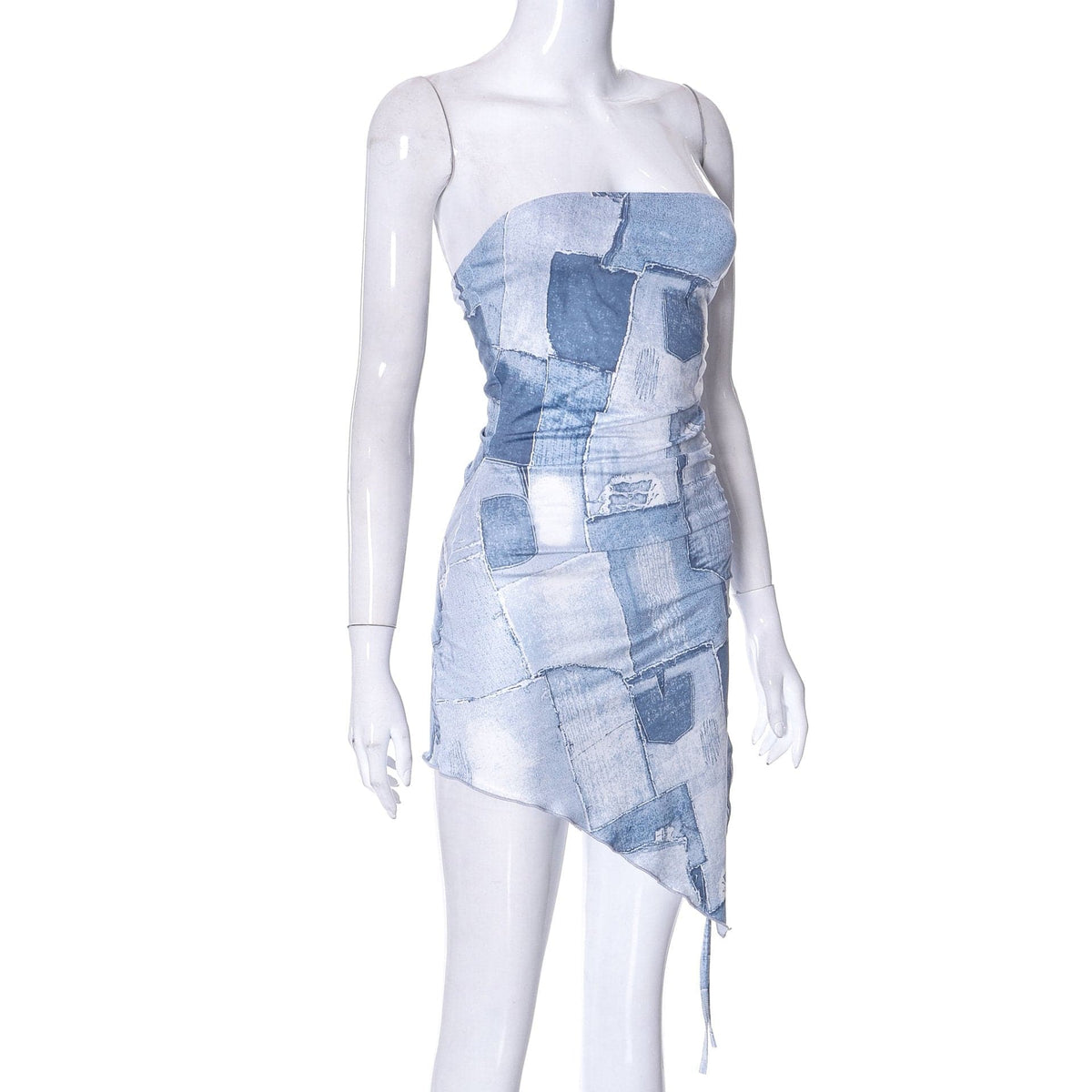 Strapless Denim Patchwork Ruched Drawstring Asymmetric Hem Mini Dress 3