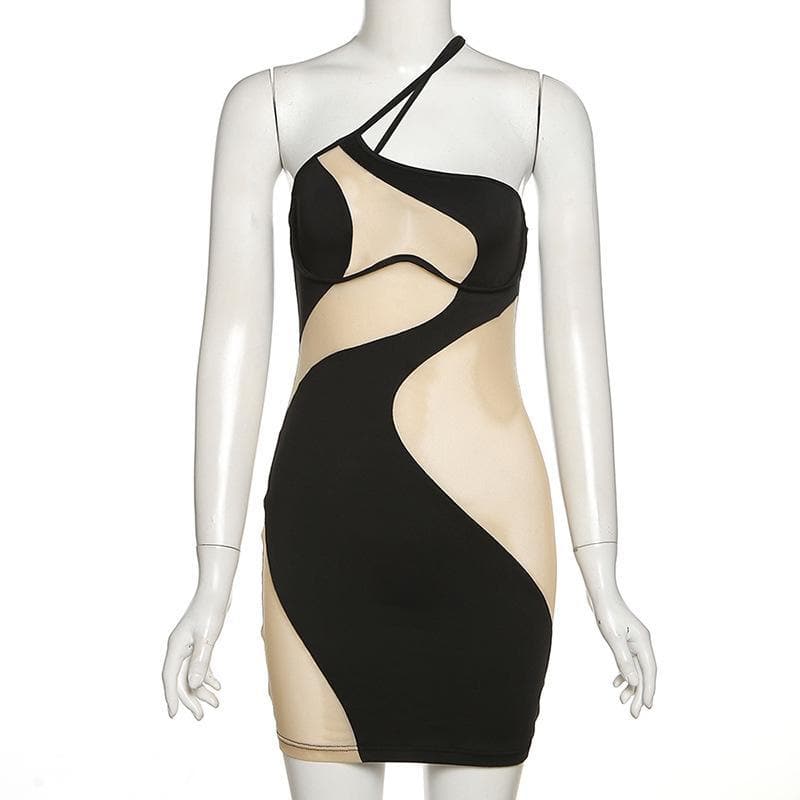 One Shoulder Mesh Panel Cutout Asymmetric Hem Bodycon Mini Dress 7