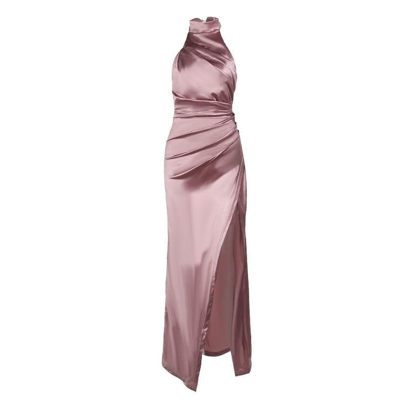 Ruched Satin Zip Up Halter Backless Slit Maxi Dress