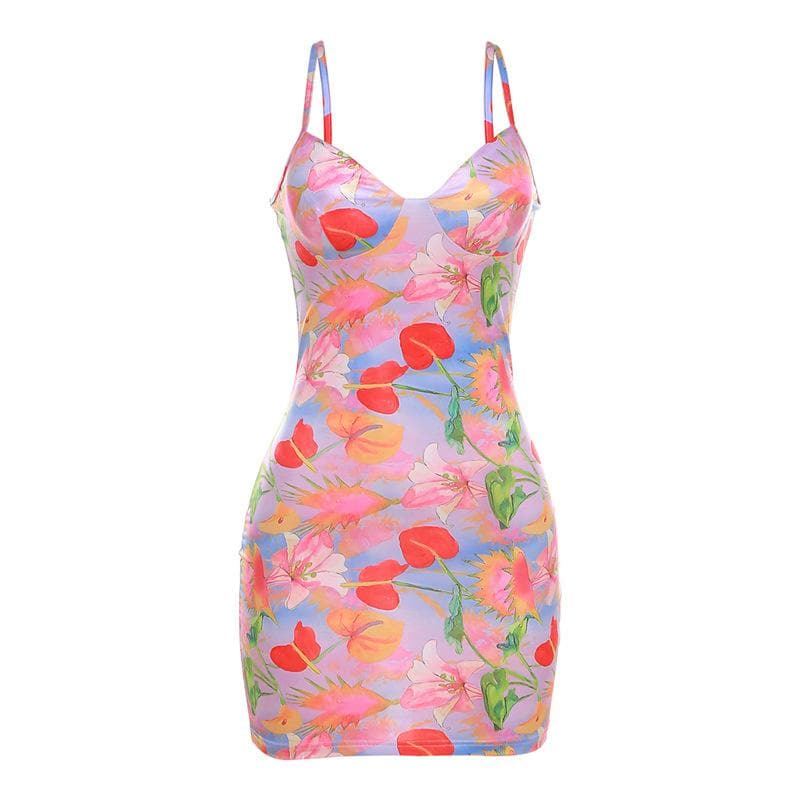 Sweetheart Neck Spaghetti Strap Floral Print Bodycon Mini Dress 2