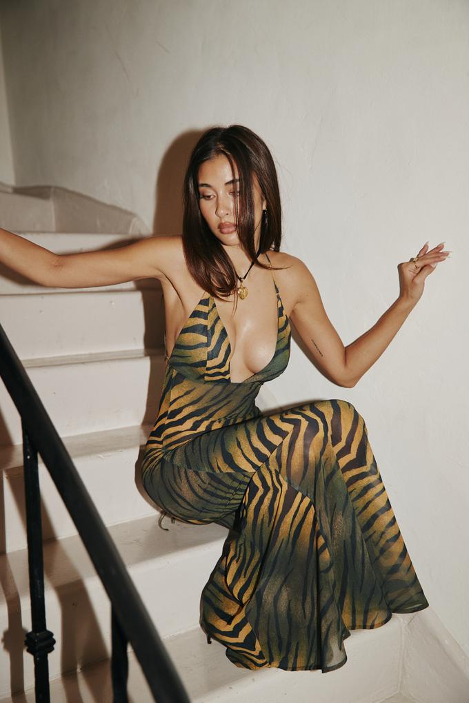 Tiger Print Mesh Crisscross Back Side Cutout Bodycon Maxi Dress 5