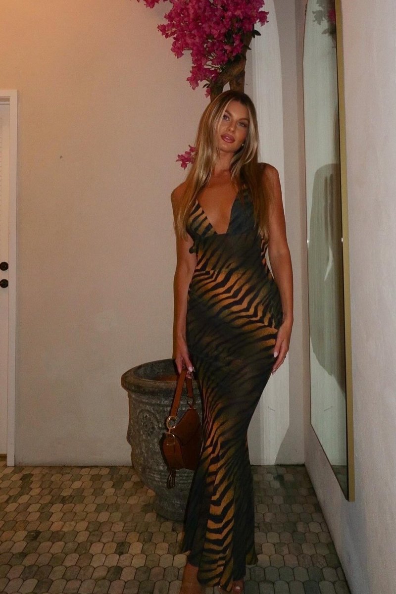 Tiger Print Mesh Crisscross Back Side Cutout Bodycon Maxi Dress 6