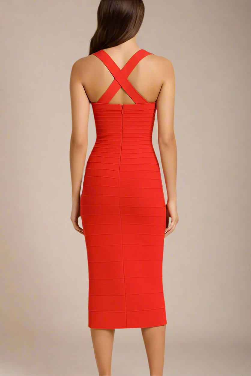 Lipstick Red Square Neck Wide Strap Curved Panel Bandage Midi Dress 2
