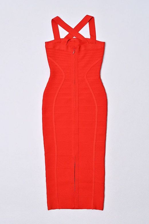 Lipstick Red Square Neck Wide Strap Curved Panel Bandage Midi Dress 7