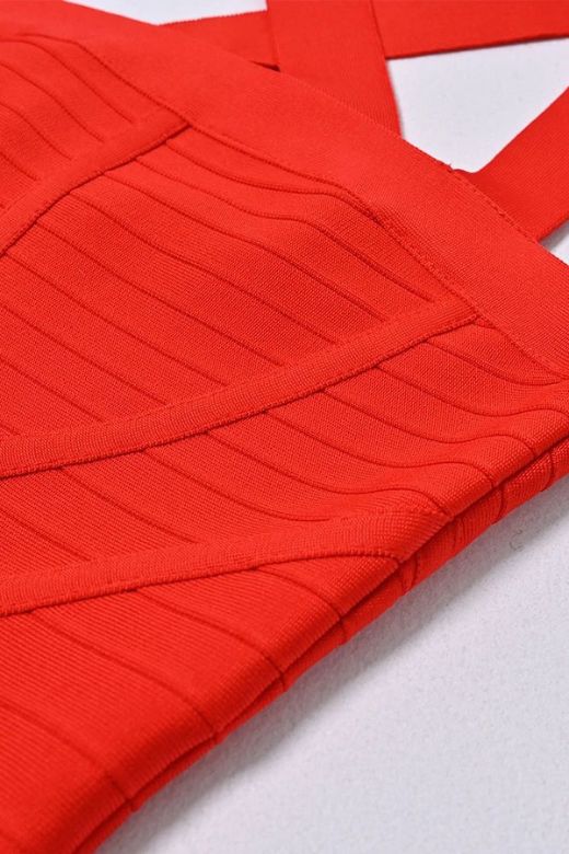 Lipstick Red Square Neck Wide Strap Curved Panel Bandage Midi Dress 8
