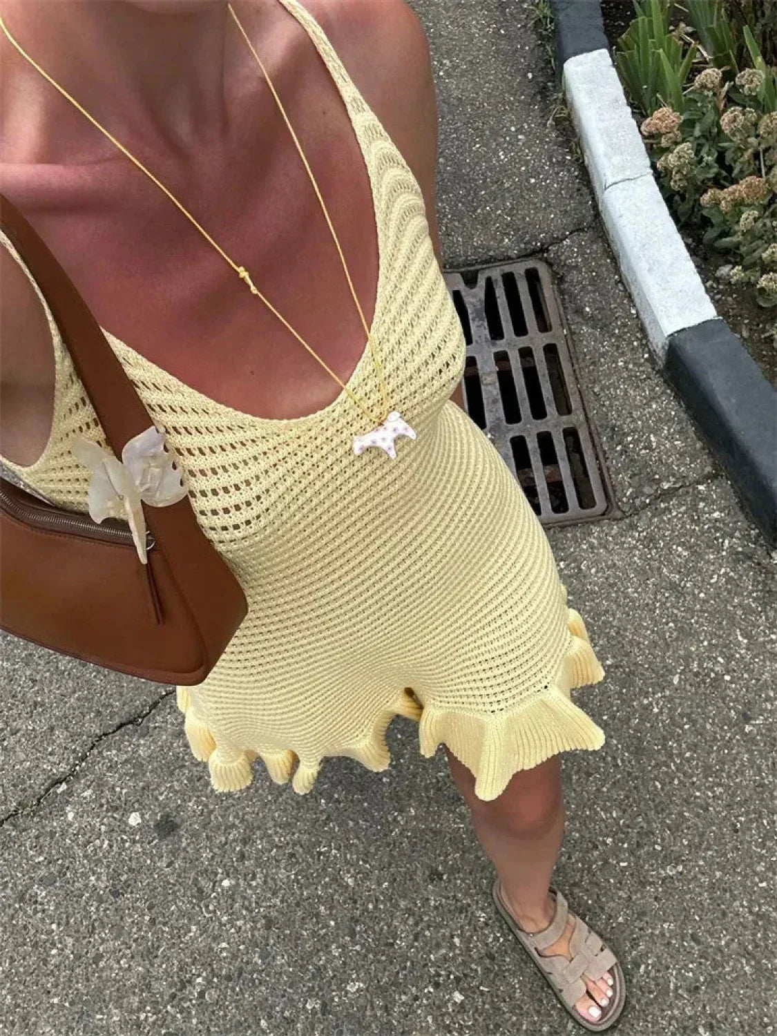 V-Neck Spaghetti Strap Pointelle Knit Ruffle Hem Bodycon Mini Dress 2