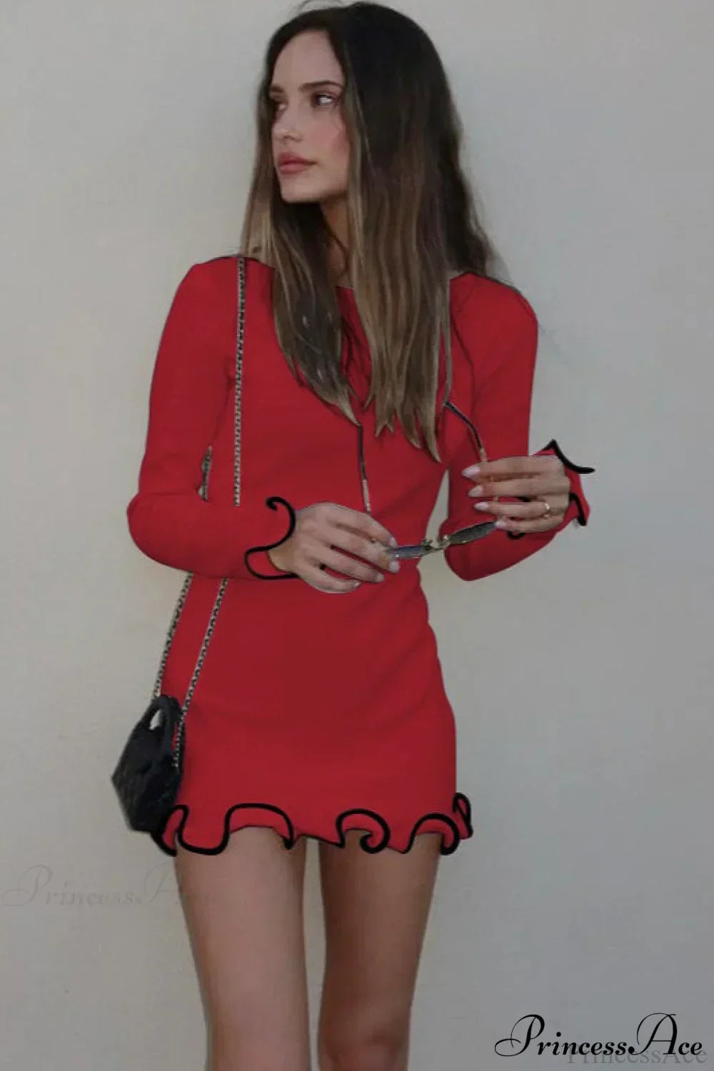 Boat Neck Long Sleeve Ruffle Cuff Contrast Trim Rib Knit Mini Dress 8