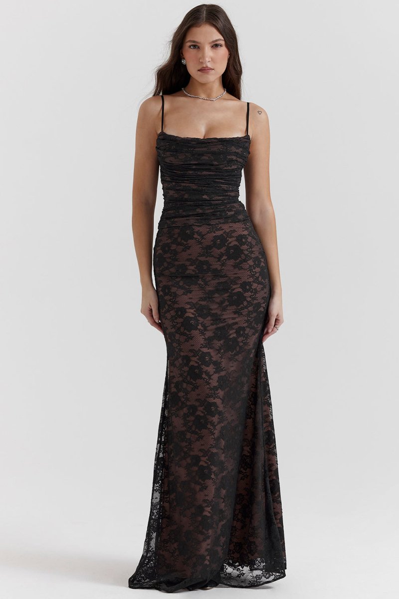 Floral Lace Cowl Neck Spaghetti Strap Bolero Shrug Maxi Dress 5