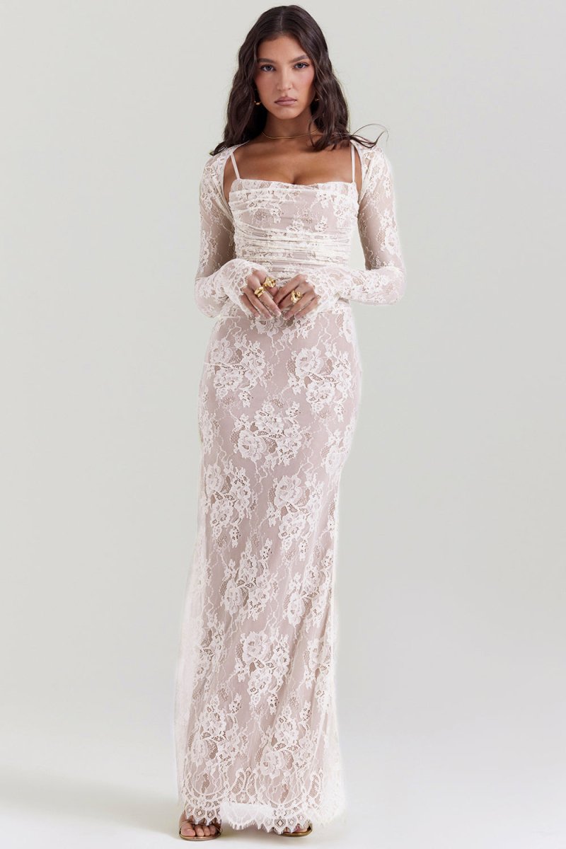 Floral Lace Cowl Neck Spaghetti Strap Bolero Shrug Maxi Dress 7