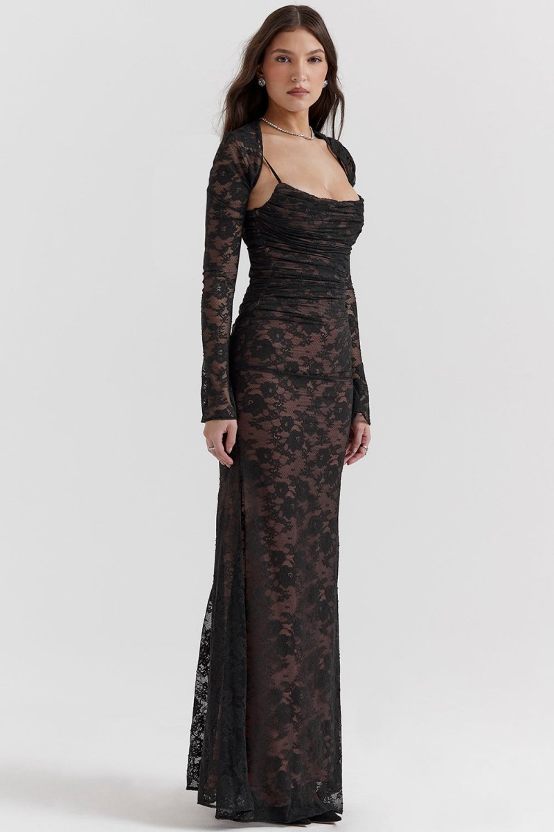 Floral Lace Cowl Neck Spaghetti Strap Bolero Shrug Maxi Dress 4