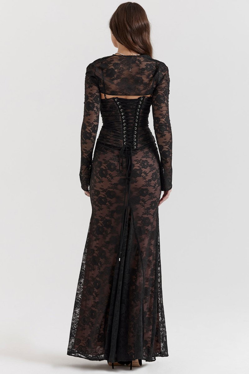 Floral Lace Cowl Neck Spaghetti Strap Bolero Shrug Maxi Dress 3