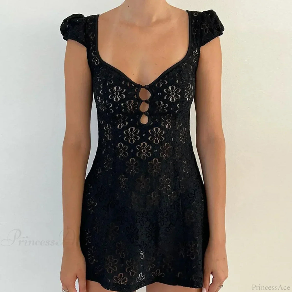 Floral Lace Sweetheart Cap Sleeve Button Front Cutout Mini Dress