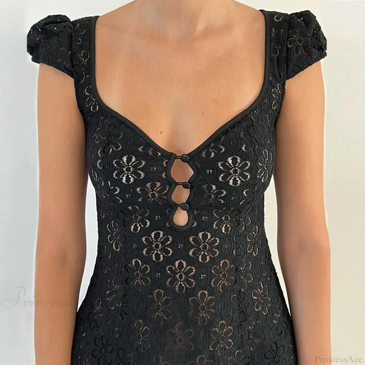 Floral Lace Sweetheart Cap Sleeve Button Front Cutout Mini Dress 5