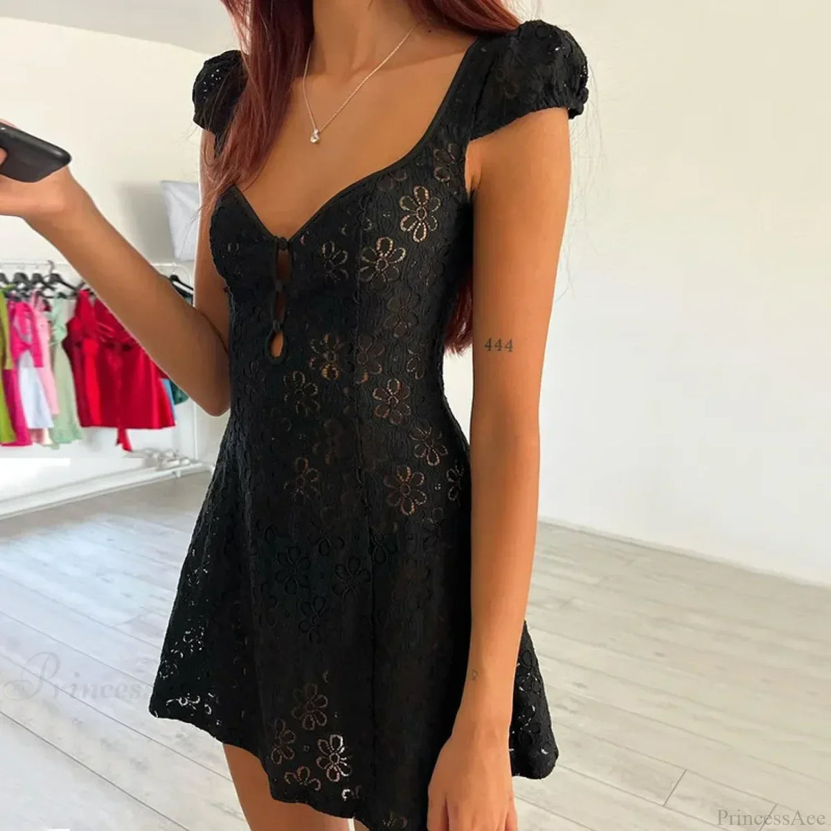 Floral Lace Sweetheart Cap Sleeve Button Front Cutout Mini Dress 2