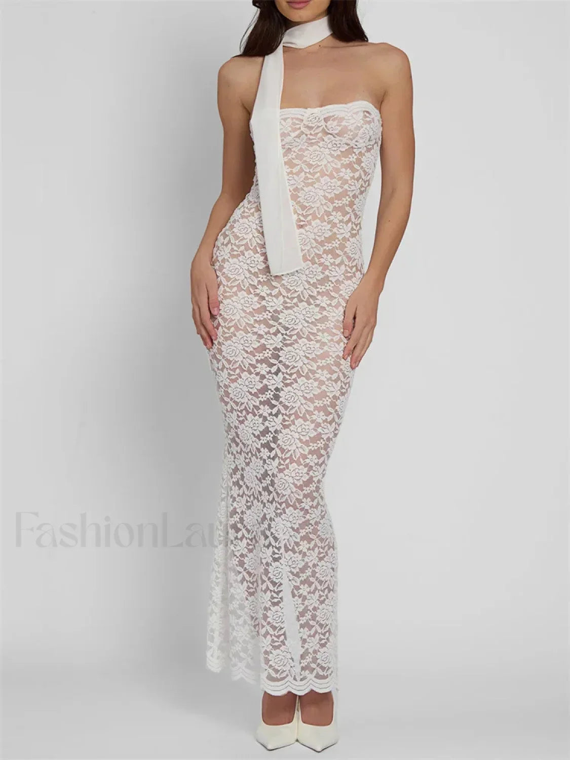 White Lace Sheer Strapless Floral Maxi Dress 7