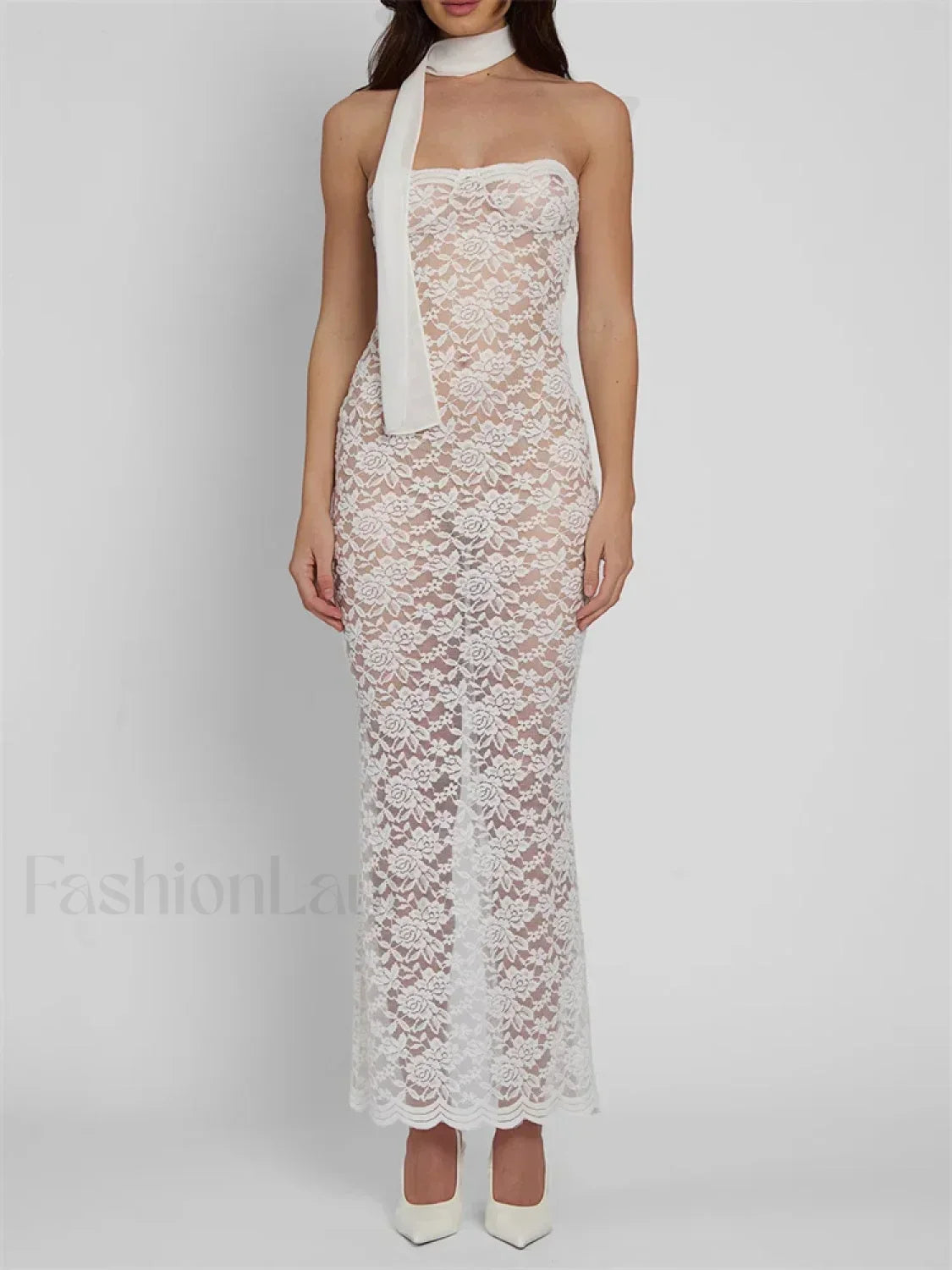 White Lace Sheer Strapless Floral Maxi Dress 10