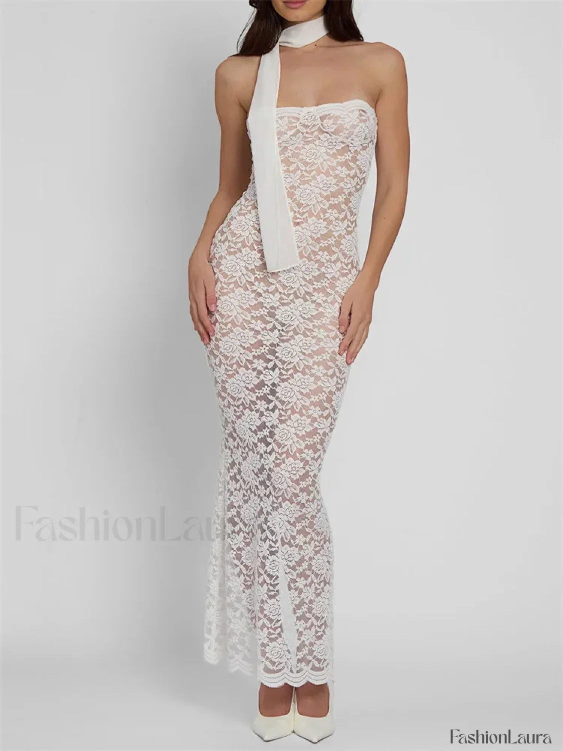 White Lace Sheer Strapless Floral Maxi Dress 11