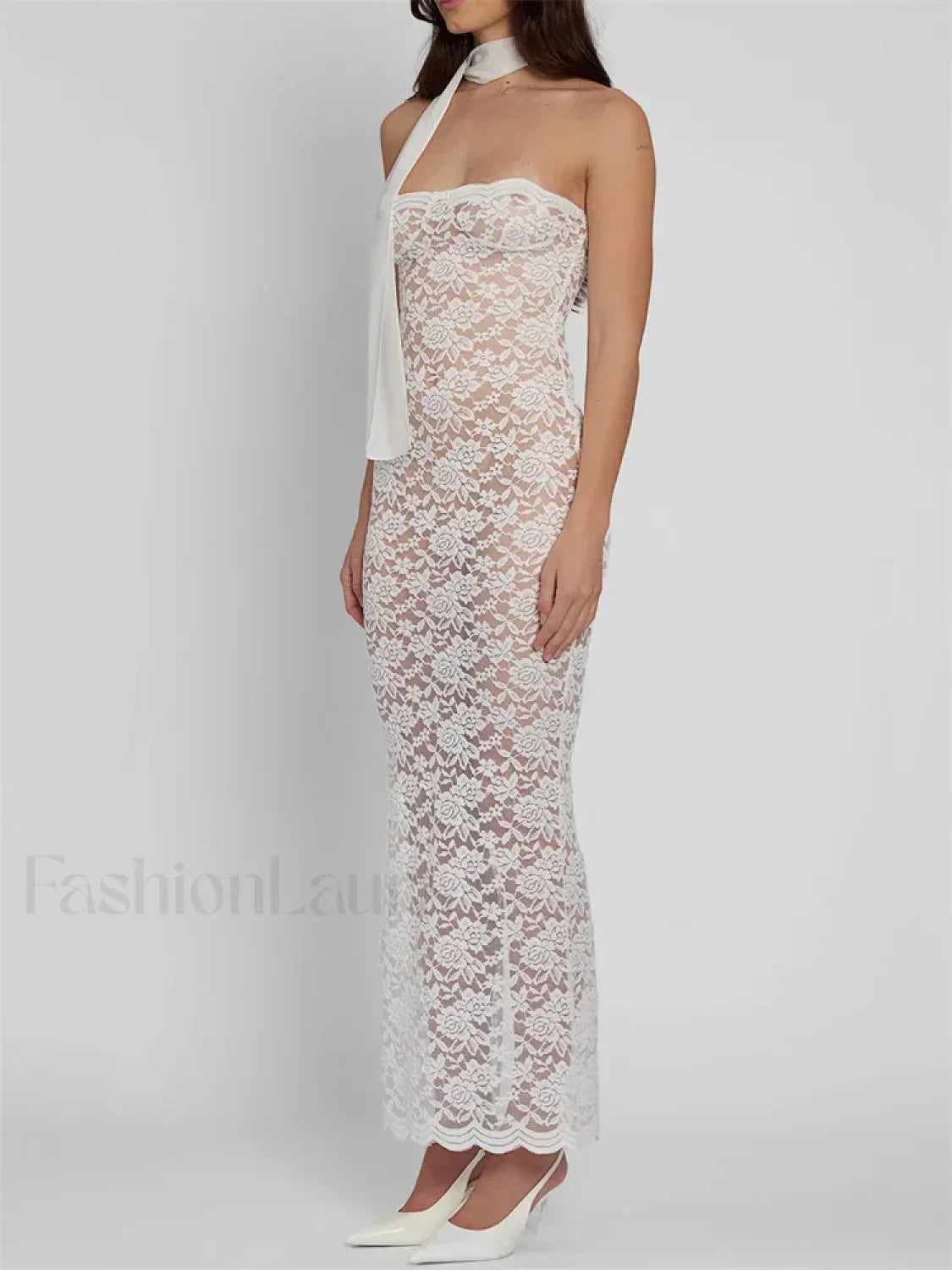 White Lace Sheer Strapless Floral Maxi Dress 8