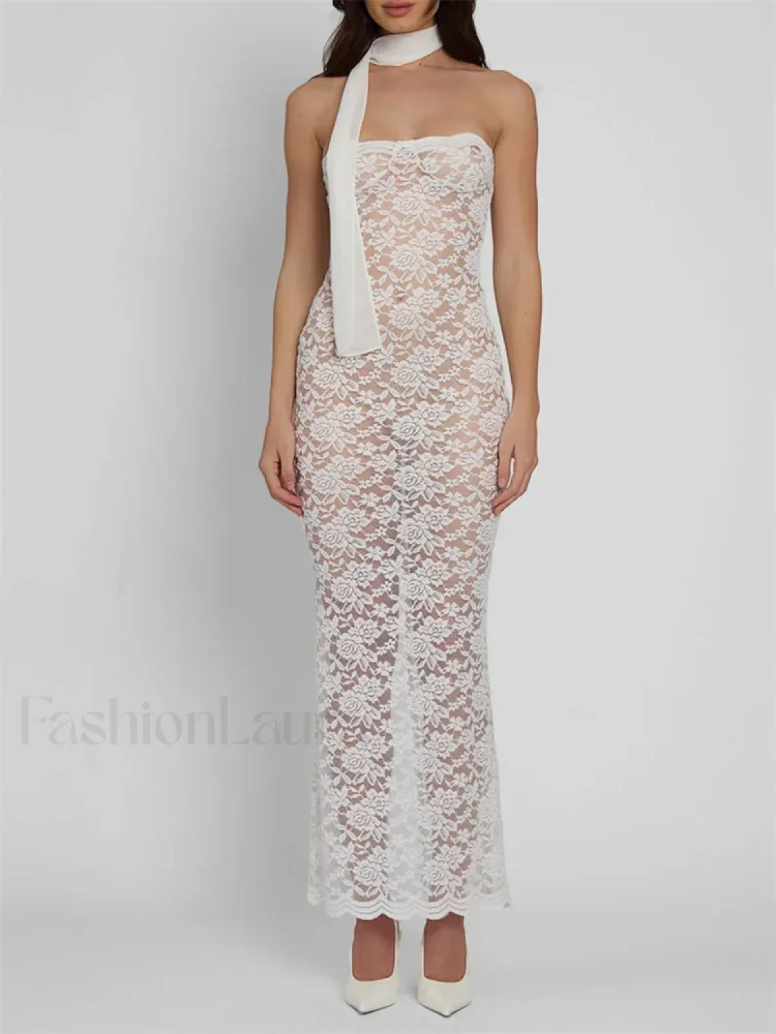 White Lace Sheer Strapless Floral Maxi Dress 4