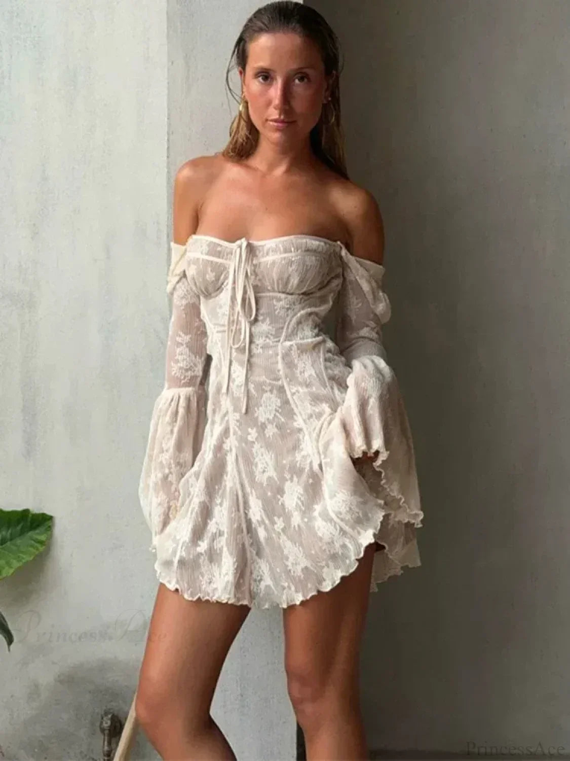 Off Shoulder Tie Front Floral Lace Bell Sleeve Ruffle Hem Mini Dress 2