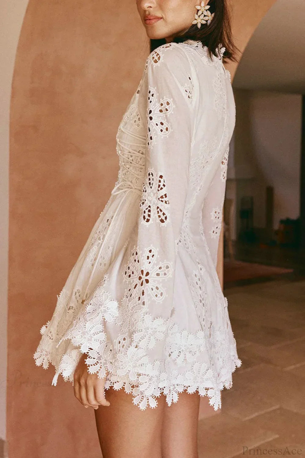Eyelet Lace Long Sleeve Deep V-Neck Scalloped Hem Fit and Flare Mini Dress 3