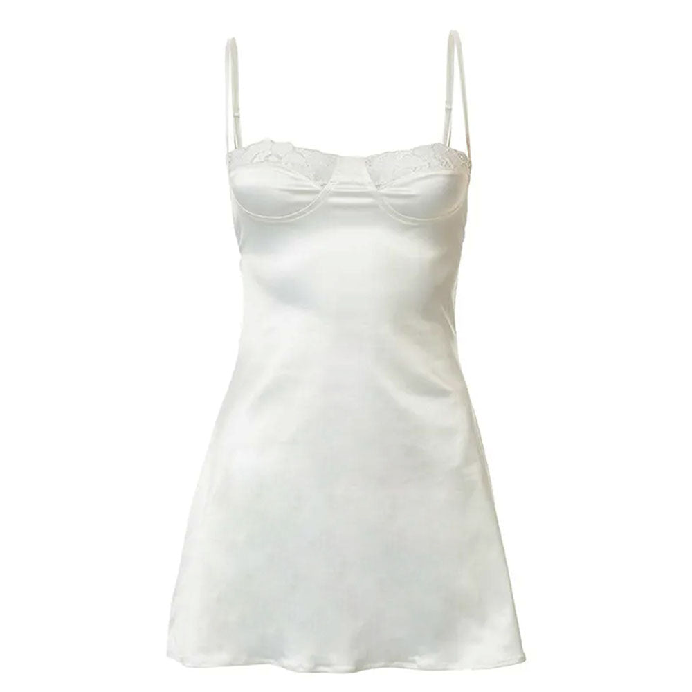 Lace Trim Cupped Bodice Spaghetti Strap Satin A-Line Mini Dress