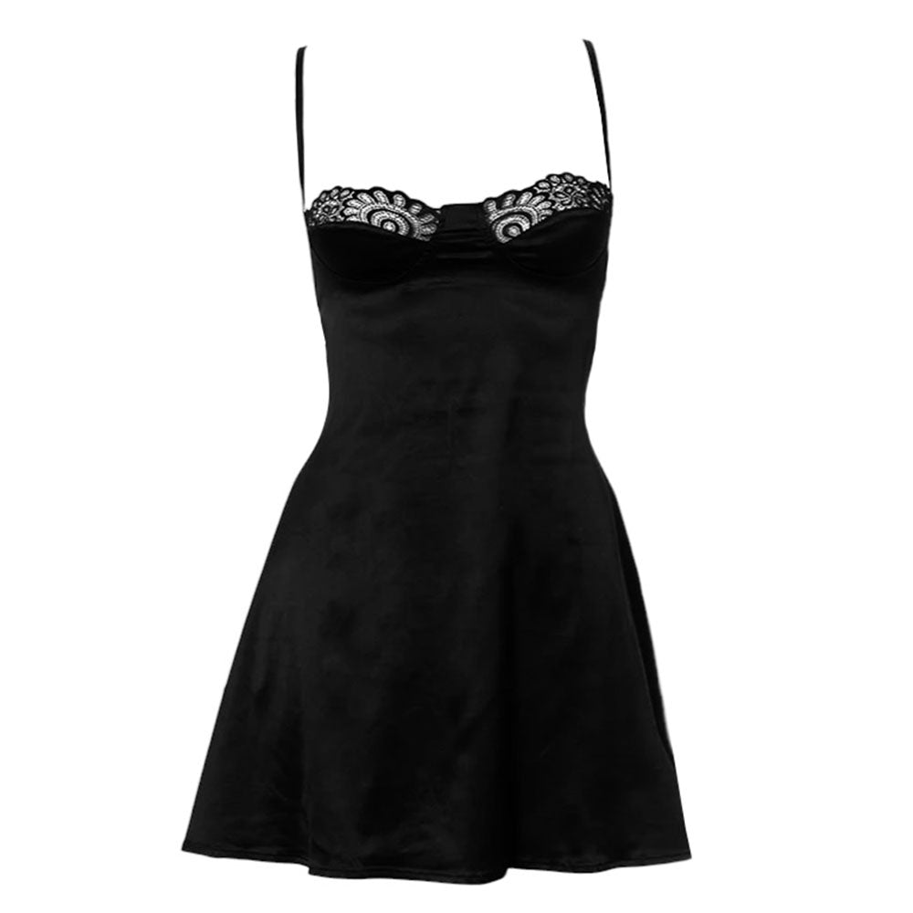 Lace Trim Cupped Bodice Spaghetti Strap Satin A-Line Mini Dress 2