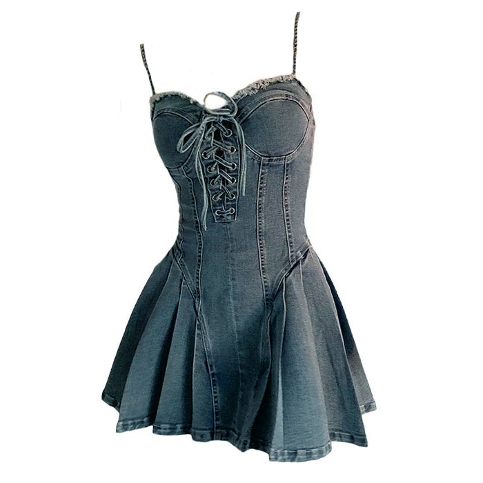 Sweetheart Neck Lace-Up Front Denim Corset Skater Mini Dress