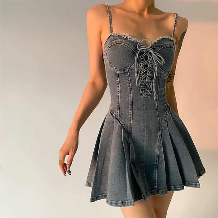 Sweetheart Neck Lace-Up Front Denim Corset Skater Mini Dress 2