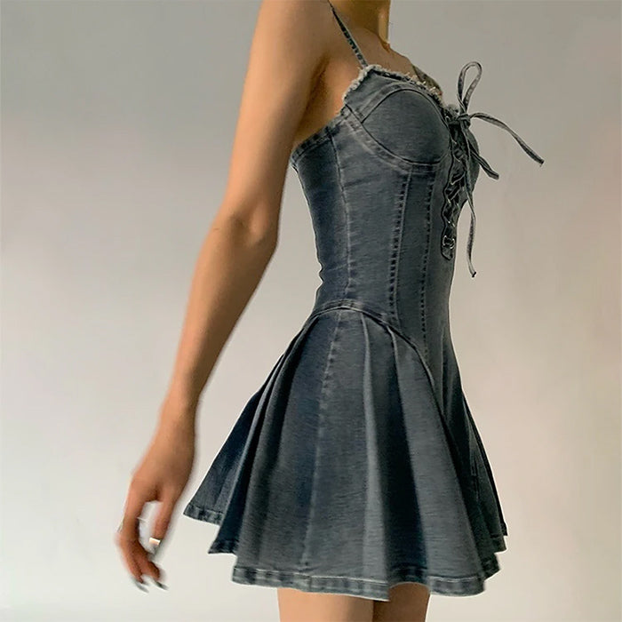 Sweetheart Neck Lace-Up Front Denim Corset Skater Mini Dress 4