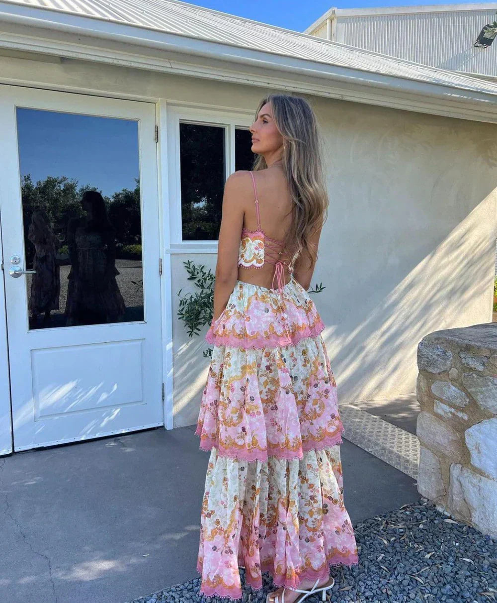 Lace Up Back Scalloped Trim Tiered Floral Print Maxi Set 2