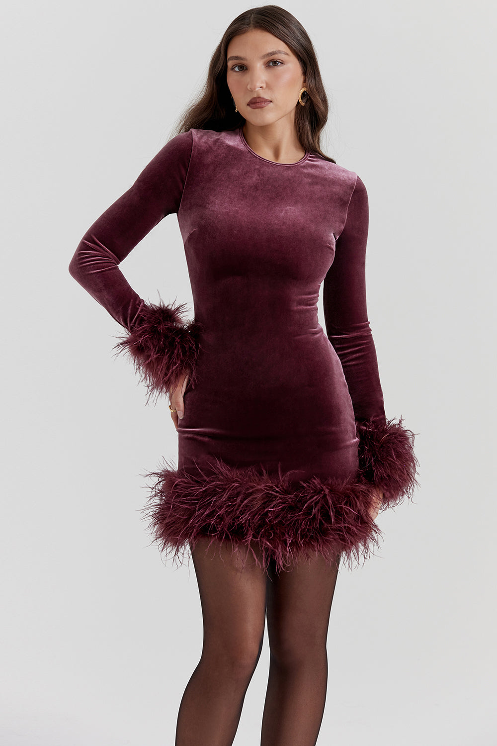Velvet Long Sleeve Feather Trim Bodycon Mini Cocktail Dress 10