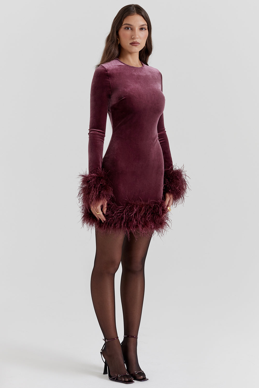 Velvet Long Sleeve Feather Trim Bodycon Mini Cocktail Dress 9