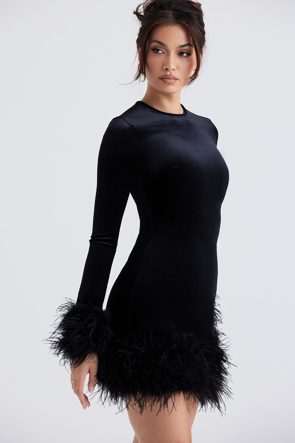 Velvet Long Sleeve Feather Trim Bodycon Mini Cocktail Dress 2
