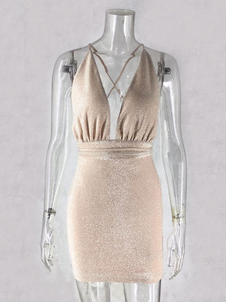 Glitter Halter Deep V-Neck Plunging Bodycon Mini Dress 6