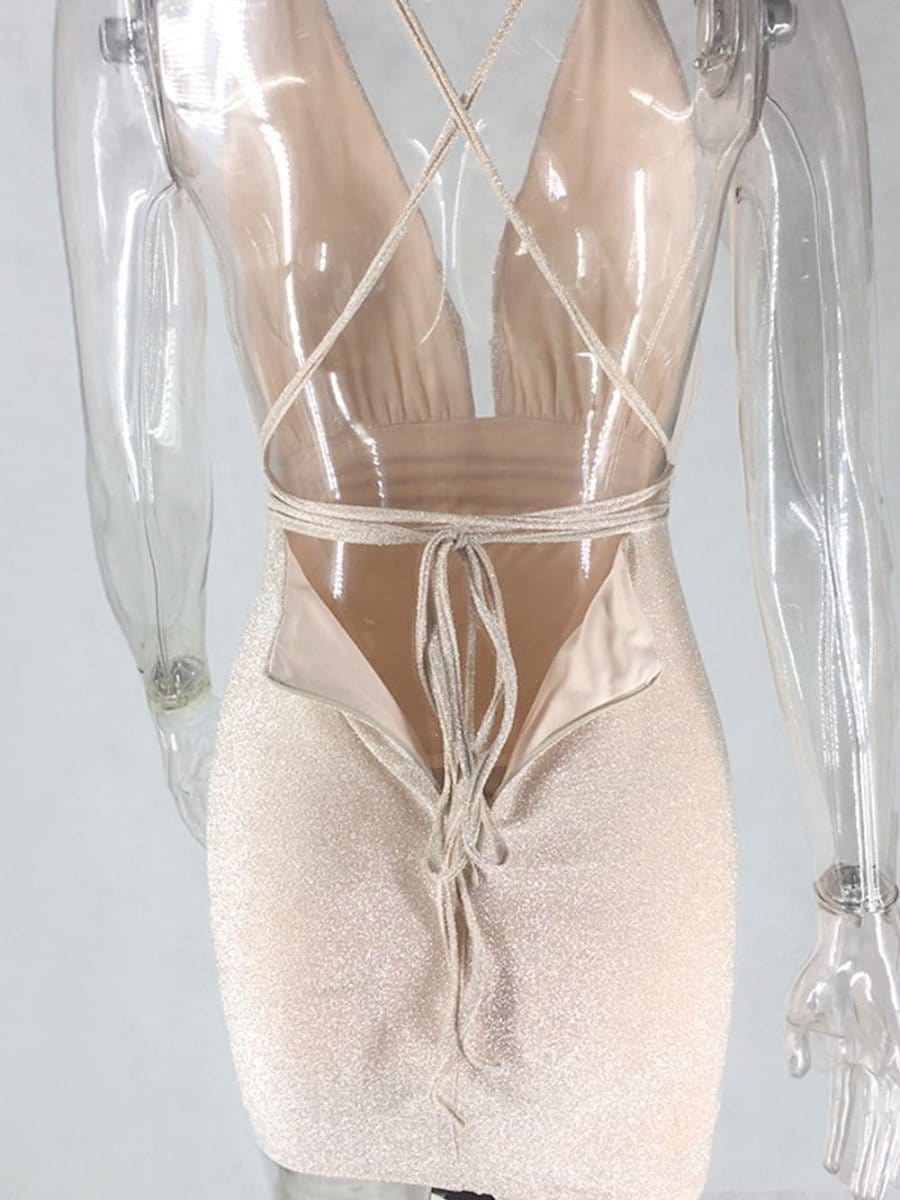 Glitter Halter Deep V-Neck Plunging Bodycon Mini Dress 11