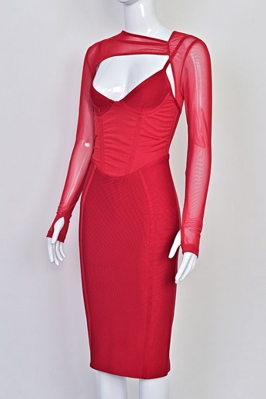 Lipstick Red Mesh Long Sleeve Sweetheart Corset Cut Out Bandage Midi Dress 9