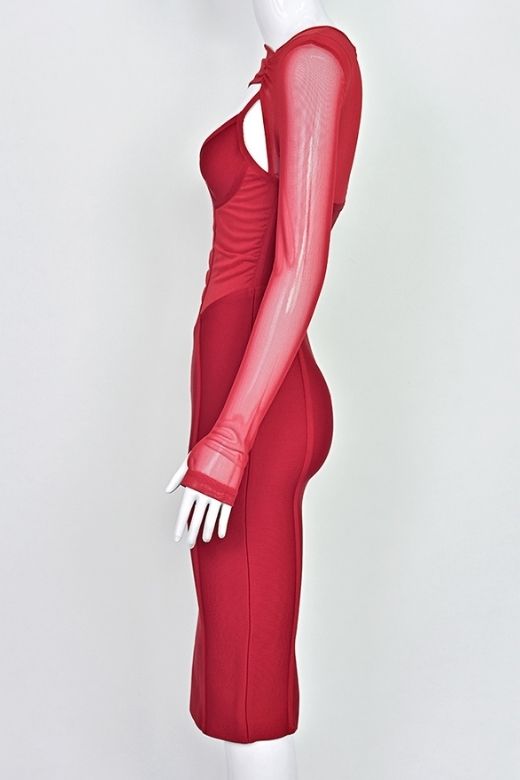 Lipstick Red Mesh Long Sleeve Sweetheart Corset Cut Out Bandage Midi Dress 8