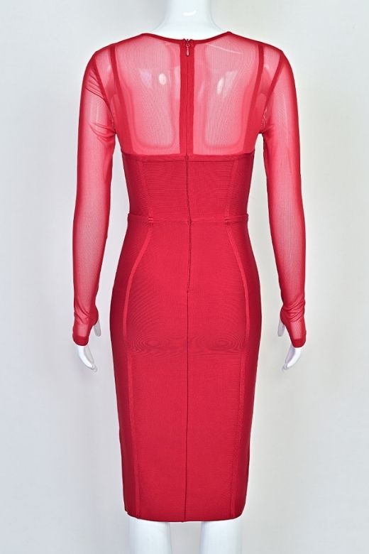 Lipstick Red Mesh Long Sleeve Sweetheart Corset Cut Out Bandage Midi Dress 7