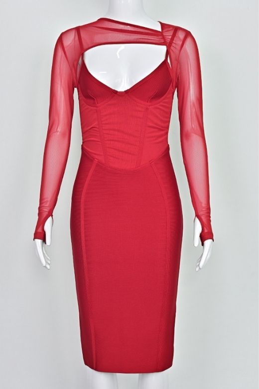Lipstick Red Mesh Long Sleeve Sweetheart Corset Cut Out Bandage Midi Dress 6
