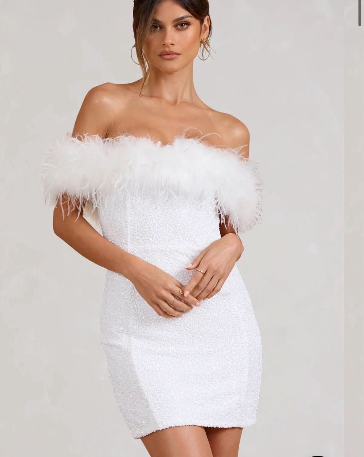 Off Shoulder Feather Trim Sequin Bodycon Mini Dress 16