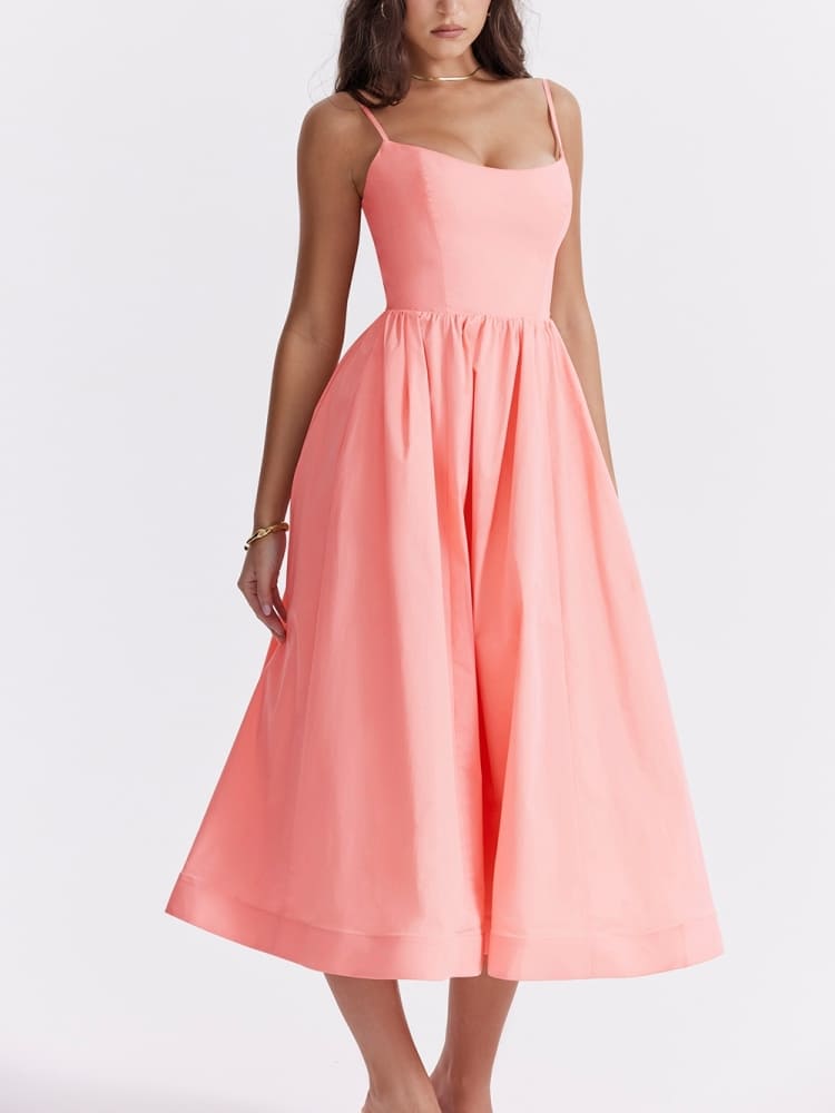 Spaghetti Strap Scoop Neck Gathered Flared Midi Dress