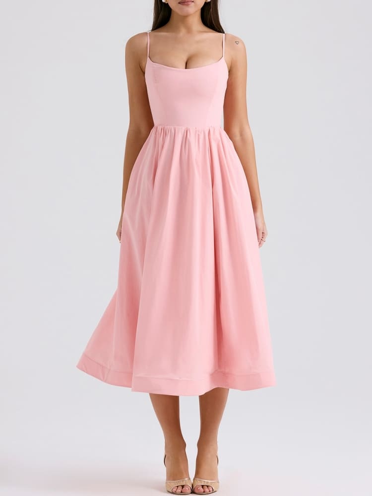 Spaghetti Strap Scoop Neck Gathered Flared Midi Dress 3