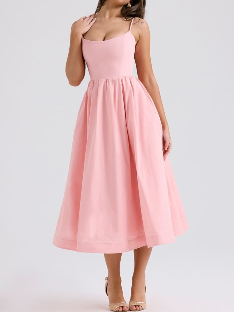 Spaghetti Strap Scoop Neck Gathered Flared Midi Dress 5