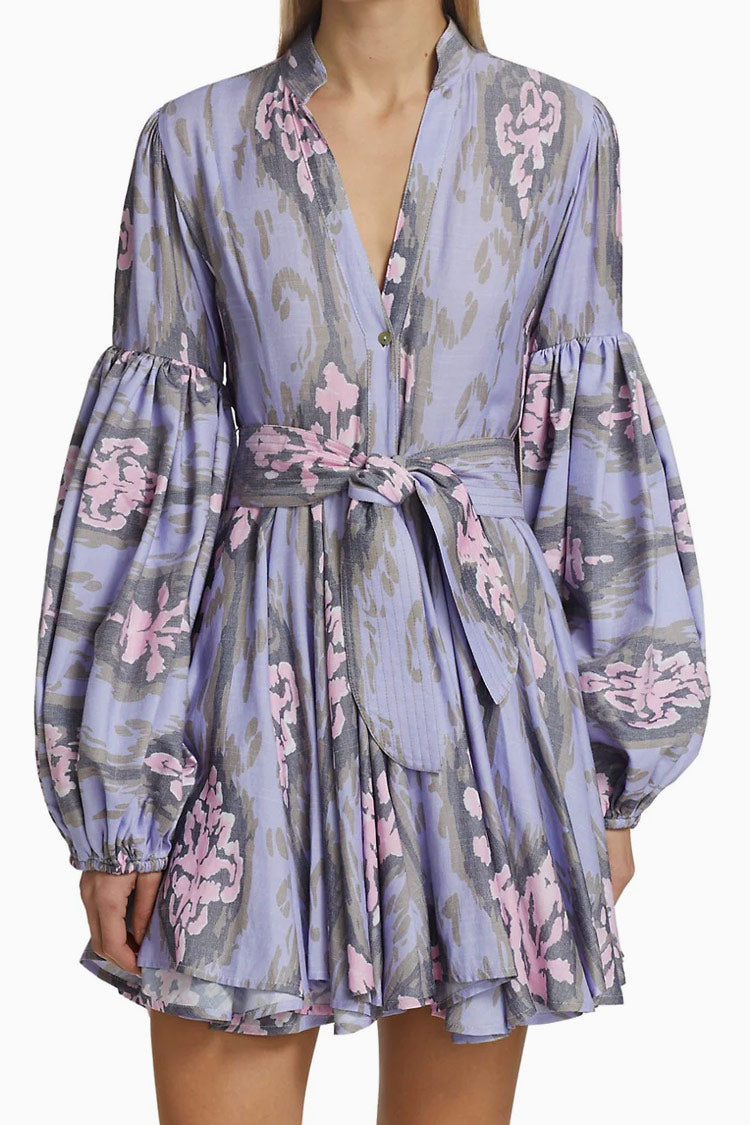 Ikat Print Puff Sleeve Tie Waist Button Front Shirt Mini Dress