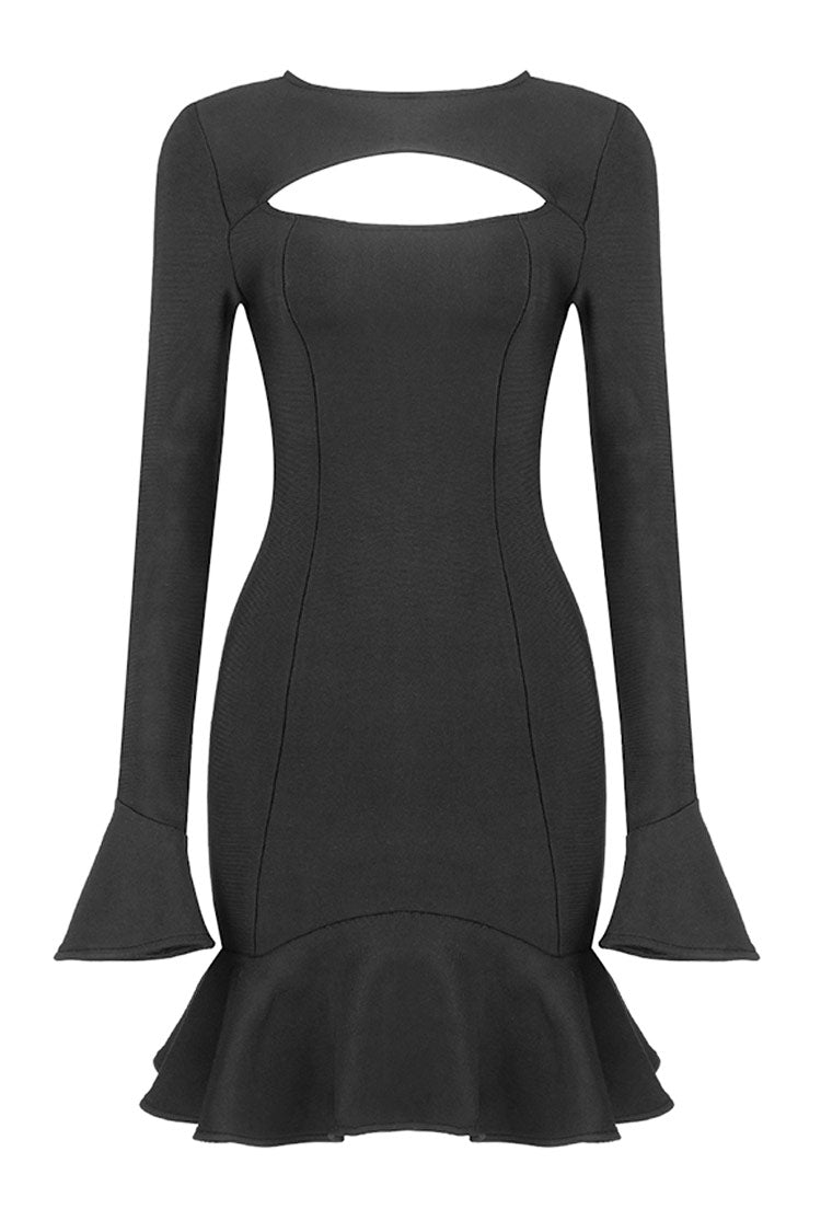 Long Sleeve Chest Cutout Bell Cuff Ruffle Hem Bandage Mini Dress 3